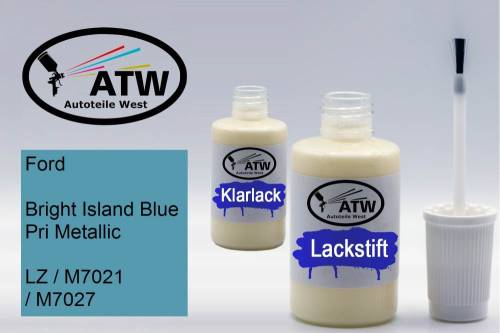 Ford, Bright Island Blue Pri Metallic, LZ / M7021 / M7027: 20ml Lackstift + 20ml Klarlack - Set, von ATW Autoteile West.